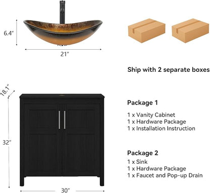 YOURLITE 30" Bathroom Vanity with Sink, Black Bathroom Vanity Cabinet with Faucet & Pop Up Drain Set,Traditional Vanity with Black Glass Bowl Bathroom Sink
