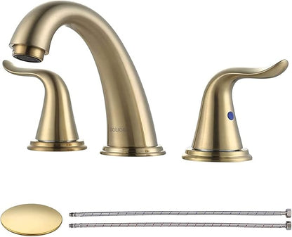 WOWOW Widespread Bathroom Faucet Brushed Gold Bathroom Sink Faucet 3 Hole Vanity Faucet 2 Handle Basin Faucets 8 Inch Mixer Tap with Pop Up Drain and Supply Hose
