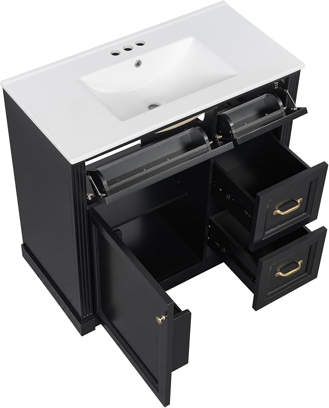 36" Bathroom Vanity with Ceramic Sink,Modern Freestanding Storage Cabinet w/Soft-Close Door and 2 Tip-Out & 2 Drawers,Undermount Single Basin Bath Vanity Set w/Adjustable Shelf,Black