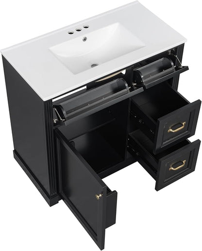 36" Bathroom Vanity with Ceramic Sink,Modern Freestanding Storage Cabinet w/Soft-Close Door and 2 Tip-Out & 2 Drawers,Undermount Single Basin Bath Vanity Set w/Adjustable Shelf,Black