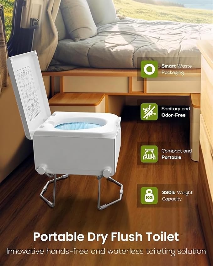 LE-310 Smart Dry Flush Toilet for RV and Off-Grid Living | Rechargeable portable toilet with waterless one-click sealing for vans, trucks, car travel, tiny homes, camping and backup