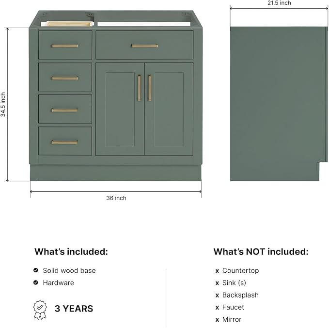 ARIEL Hepburn 36-inch Bathroom Vanity Base Cabinet,Solid Wood, 2 Soft Closing Doors, 5 Dovetail Drawers, Vintage Green