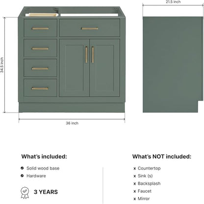 ARIEL Hepburn 36-inch Bathroom Vanity Base Cabinet,Solid Wood, 2 Soft Closing Doors, 5 Dovetail Drawers, Vintage Green