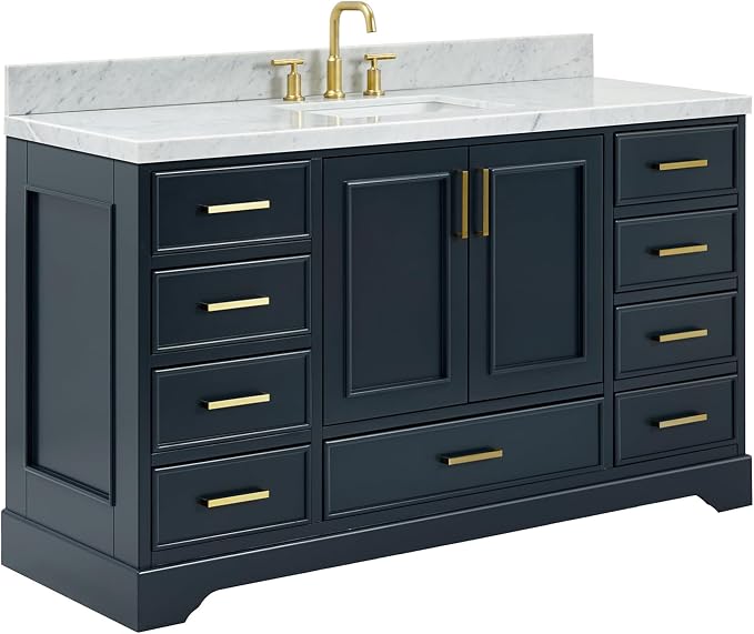 Langford 60-inch Midnight Blue Bathroom Vanity with Center Rectangle Single Sink, Italian Carrara Marble Countertop & Backsplash, Solid Wood Frame, Soft-Closing & Dovetail Drawers