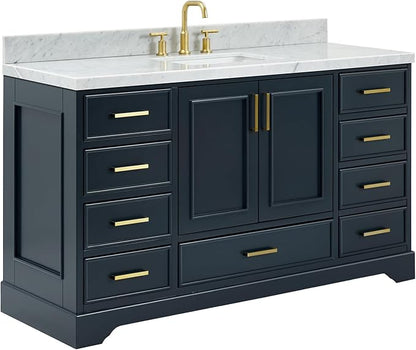 Langford 60-inch Midnight Blue Bathroom Vanity with Center Rectangle Single Sink, Italian Carrara Marble Countertop & Backsplash, Solid Wood Frame, Soft-Closing & Dovetail Drawers