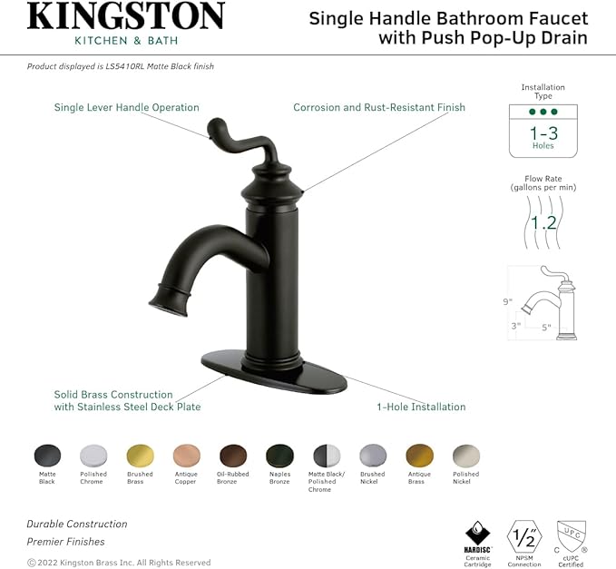 Fauceture LS5416RL Royale Single-Handle Bathroom Faucet with Push Pop-Up, Naples Bronze