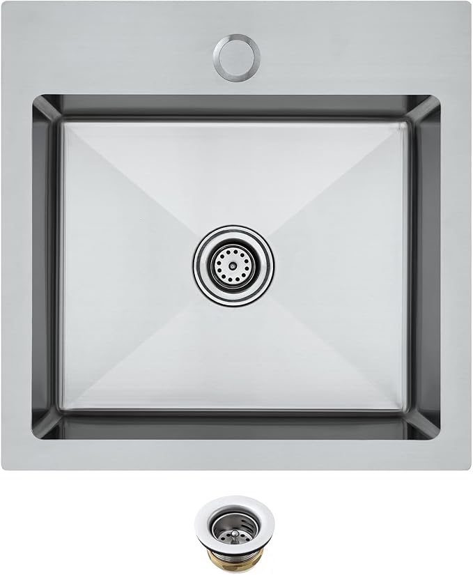 15"x15" Drop-In Single Bowl Bar Sink T-304 Stainless Steel 1-Hole | 15 inch Drop-in Sink | T-304 SS Square Sink| 1 Faucet Hole | 2" Drain Hole | Handmade | Camper/Boat/Small Kitchen