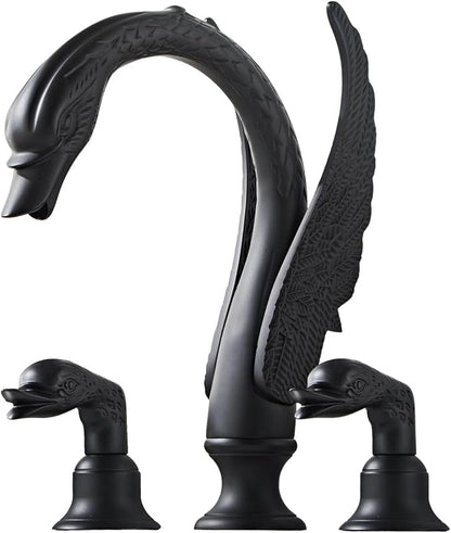 Golden Black Ornate Swan Style Bathroom Sink Faucet Combo Deck Mount Sink Mixer Tap Set Hot Cold Water