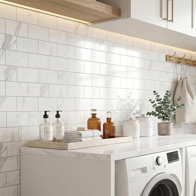 Yipscazo Peel and Stick backsplash 3 x 6 Inches 3D PVC Composite Wall Tile Stick on Backsplash Tile for Kitchen Bathroom, Laundry Room, Fireplace(Skin Marble White, 160 Pieces)