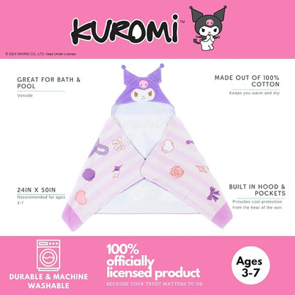 Sanrio Kuromi Kids Super Soft Bath/Pool/Beach Soft Cotton Terry Hooded Towel Wrap, 24 in x 50 in, (Officially Licensed Product) by Franco
