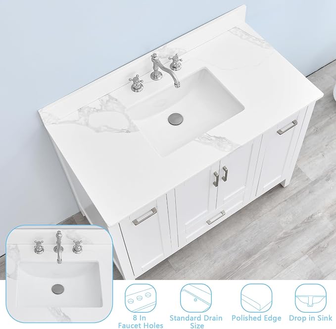 42 in. W x 22 in D Quartz Vanity Top in Calacatta Rocky, Vanity Sink Top with Assembled Single Drop-in Sink, Pre-Drilled Widespread Faucet Holes Countertop with 4" H Backsplash