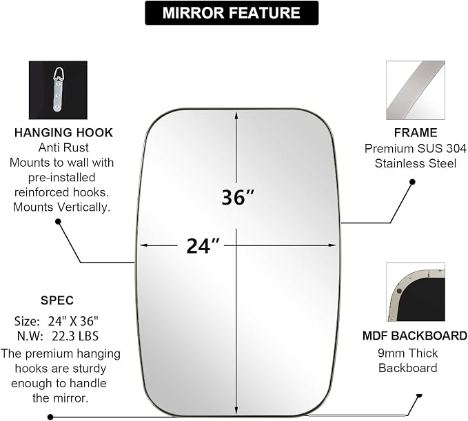 Brushed Nickel Bathroom Mirror, Large 24x36’’ Brushed Nickel Metal Framed Oblong Wall Mirror, Modern Nickel Oval Vanity Mirror