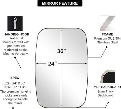 Brushed Nickel Bathroom Mirror, Large 24x36’’ Brushed Nickel Metal Framed Oblong Wall Mirror, Modern Nickel Oval Vanity Mirror