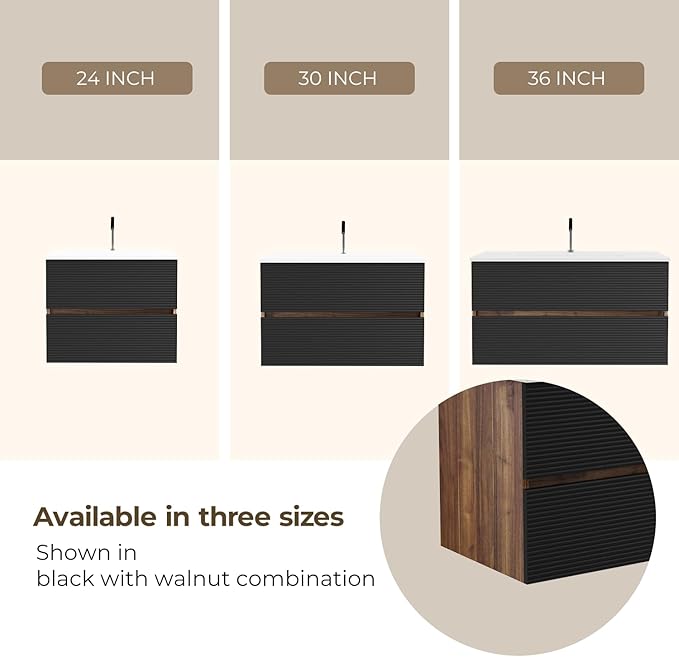 24'' Floating Bathroom Vanity with Sink Combo, Modern Bathroom Cabinet with 2-Soft Close & Large Storage Drawers, for Small Space, Apartment, Hotel, Black and Walnut