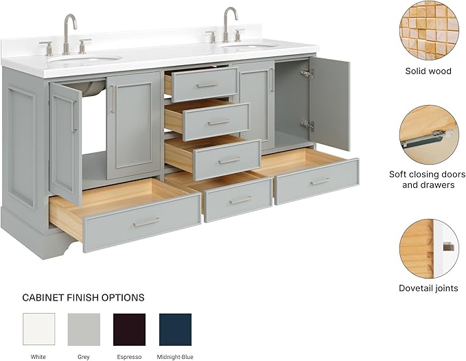 ARIEL Stafford 72-inch Bathroom Vanity with Sink,Solid Wood, 1.5-inch Pure White Quartz Countertop & Backsplash, Double Oval Porcelain Sink, 4 Soft Closing Doors, 6 Dovetail Drawers, Grey