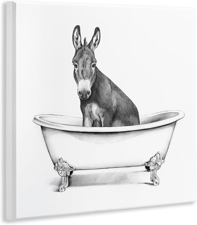 Stupell Industries Donkey in Claw Tub Farm Animal Bathroom Sketch, Wall Plaque, 12 x 12 | Stupell Industries · By Victoria Borges · Ready to hang · Charming bath and laundry decor · Made in USA