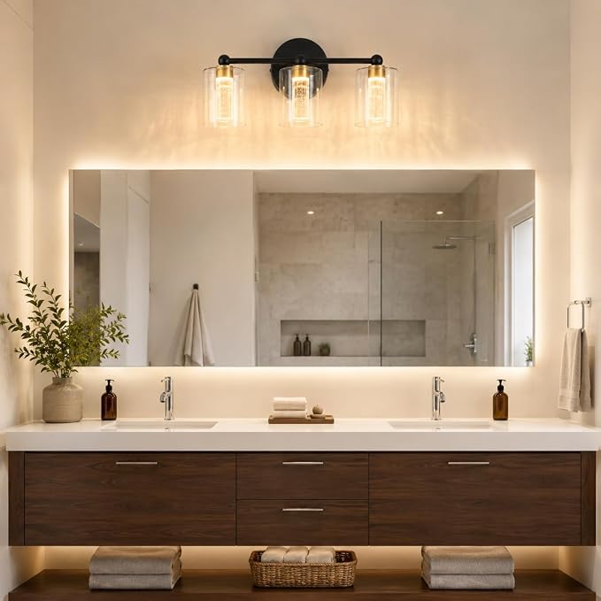 Black and Gold Vanity Light with 3 Color Modes, Eye Protection LED Bathroom Light Fixtures, Dimmable Modern Wall Light Over Mirror with Clear Glass Shade (Black & Gold, 3-Light)