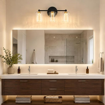 Black and Gold Vanity Light with 3 Color Modes, Eye Protection LED Bathroom Light Fixtures, Dimmable Modern Wall Light Over Mirror with Clear Glass Shade (Black & Gold, 3-Light)