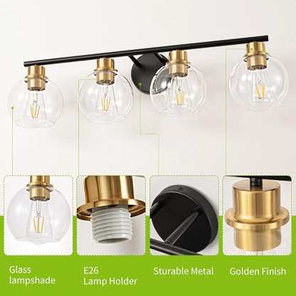 Bathroom Light Fixtures Over Mirror 4-Lights Bathroom Vanity Light with Clear Glass Shade 29.5 inch Modern Wall Sconce Black and Gold Vanity Lighting for Bath