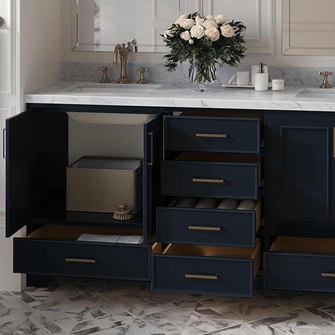 ARIEL Stafford 72-inch Bathroom Vanity with Sink,Solid Wood, 1.5-inch Italian Carrara Marble Countertop, Double Rectangular Porcelain Sink, 4 Soft Closing Doors, 6 Dovetail Drawers, Midnight Blue