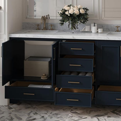 ARIEL Stafford 72-inch Bathroom Vanity with Sink,Solid Wood, 1.5-inch Italian Carrara Marble Countertop, Double Rectangular Porcelain Sink, 4 Soft Closing Doors, 6 Dovetail Drawers, Midnight Blue