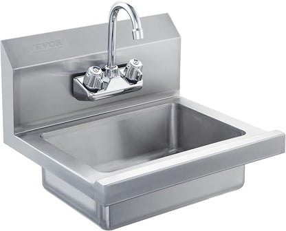 VEVOR Commercial Hand Sink with Faucet, Stainless Steel Sink for Washing, Small Washing Sinks, Wall Mount Hand Basin, Utility Sink for Restaurant, Kitchen, Bar, Garage and Home, 17 x 15 inch