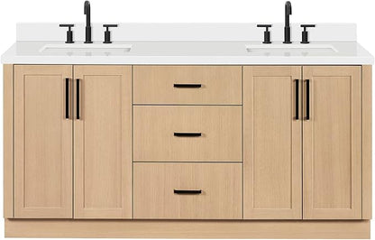 ARIEL Loren 72-inch Bathroom Vanity with Sink,Solid Wood, 1.5-inch Pure White Quartz Countertop, Double Rectangular Porcelain Sink, 4 Soft Closing Doors, 3 Dovetail Drawers, Natural Oak