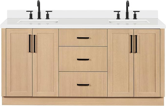 ARIEL Loren 72-inch Bathroom Vanity with Sink,Solid Wood, 1.5-inch Pure White Quartz Countertop, Double Rectangular Porcelain Sink, 4 Soft Closing Doors, 3 Dovetail Drawers, Natural Oak