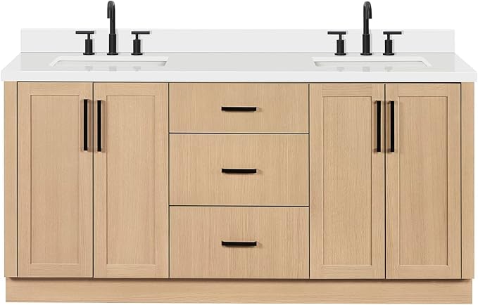 ARIEL Loren 72-inch Bathroom Vanity with Sink,Solid Wood, 1.5-inch Pure White Quartz Countertop, Double Rectangular Porcelain Sink, 4 Soft Closing Doors, 3 Dovetail Drawers, Natural Oak