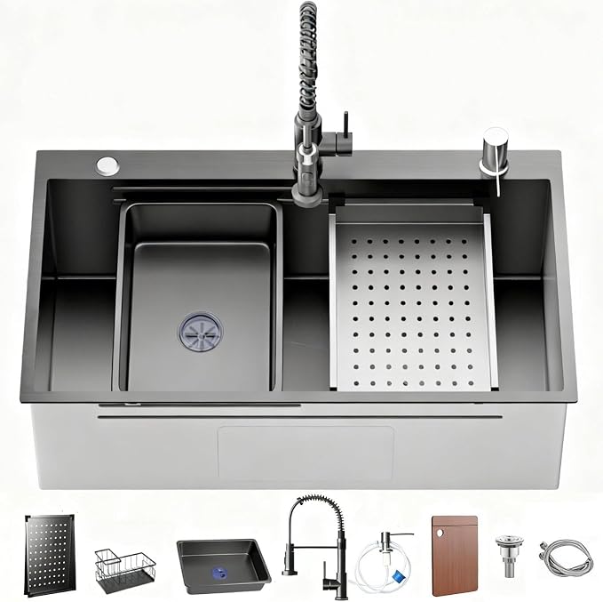 Drop-In Kitchen Sink:32in Stainless Single Bowl Sink &Accessories | Spacious 32-Inch Workstation Sink with 7-in-1 Accessory Set, Designed for Large Families
