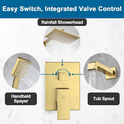 Shower Tub Faucet Set Brushed Gold Bathroom Shower System with Tub Spout Wall Mounted Rainfall 12 Inch Thickened Shower Head and Handle Set Include Shower Valve and Trim Kit
