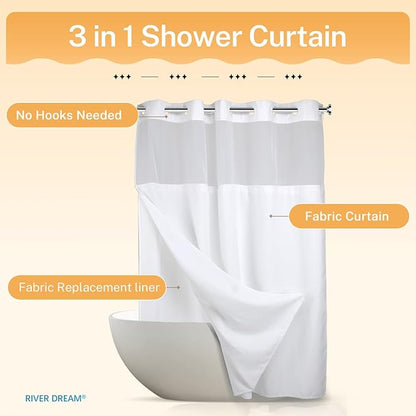 RiverDream Heavyweight Waffle No Hook Shower Curtain with Liner,White,71x77 | Dotted Waffle,Snap-in Liner,Heavy Duty,Quick Dry,Mesh Top Window,With Bottom Magnets,Hotel-Grade,Washable,Long Size