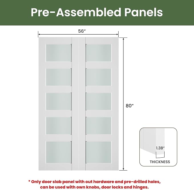 SMARTSTANDARD 48" x 80" Frosted Glass Pantry Door, Solid Core Slab Door | Pre-Assembled 5-Panel without Hardware, French Interior Door for Pantry Pocket, White Primed