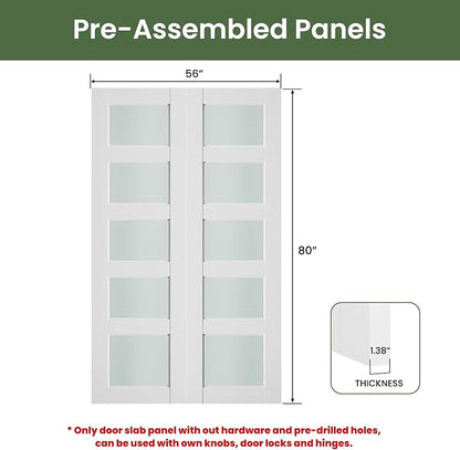SMARTSTANDARD 48" x 80" Frosted Glass Pantry Door, Solid Core Slab Door | Pre-Assembled 5-Panel without Hardware, French Interior Door for Pantry Pocket, White Primed