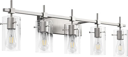 SOLFART 40.1 inch 5 Light Bathroom Vanity Light fixtures Bathroom Light Fixture Over Mirror Brushed Nickel Wall Lights with Glass Shade