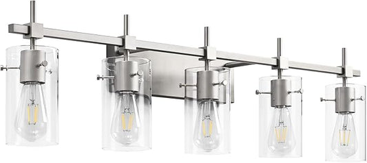 SOLFART 40.1 inch 5 Light Bathroom Vanity Light fixtures Bathroom Light Fixture Over Mirror Brushed Nickel Wall Lights with Glass Shade