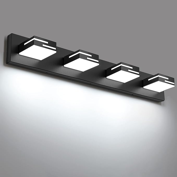 LED Modern Bathroom Vanity Light Fixtures,4-Light 28-inch Dimmable Matte Black Vanity Lights for Bathroom Lighting Fixtures Over Mirror, with 350° Rotatable Acrylic Heads (Cool White 6000K)