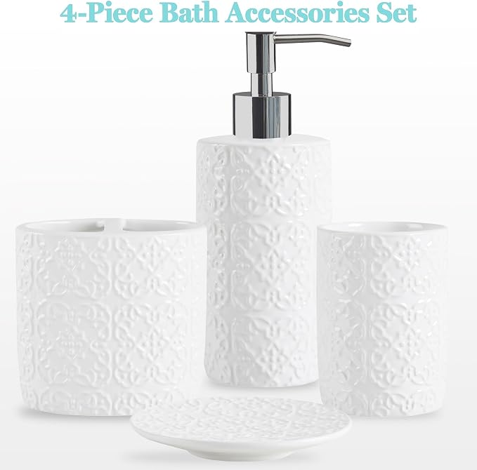 Martha Stewart Tara Bath Accessory Set Medallion, White | Coordinated Look for Bathroom, OEKO-TEX Certified