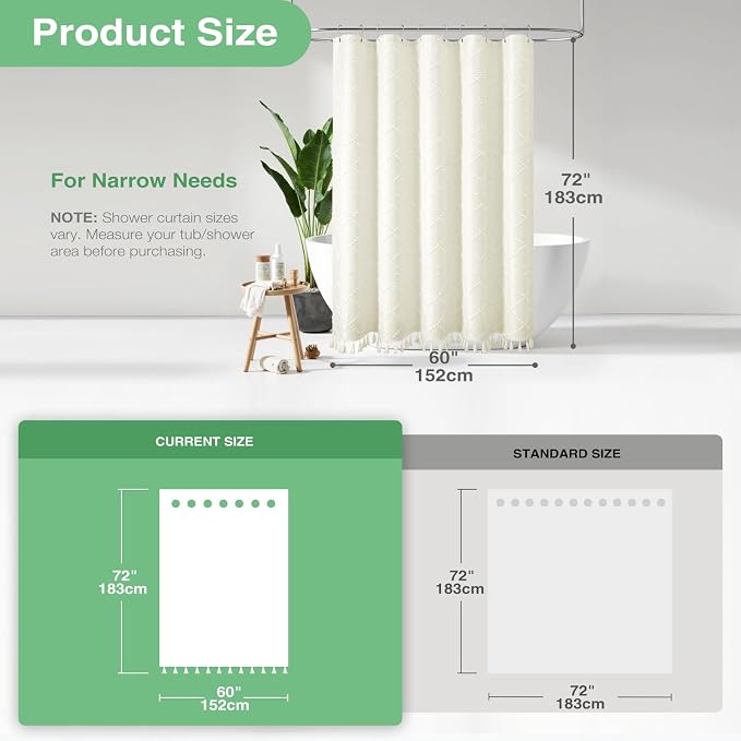 Stall Boho Farmhouse Shower Curtain Tufted Geometric 60"x72" Cream | 60 Inch Wide, Elegant Tassel, Lightweight Textured Fabric, Water Repellent, Washable, for Narrow Bathroom/Dorm 10 Hooks