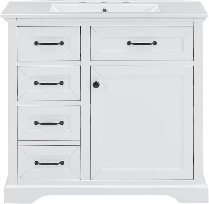 36" Bathroom Vanity with Ceramic Sink,Freestanding Storage Cabinet w/Soft-Close Door and 2 Tip-Out & 2 Drawers,Undermount Single Basin Bath Vanity Set w/Adjustable Shelf,White