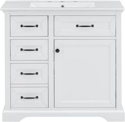 36" Bathroom Vanity with Ceramic Sink,Freestanding Storage Cabinet w/Soft-Close Door and 2 Tip-Out & 2 Drawers,Undermount Single Basin Bath Vanity Set w/Adjustable Shelf,White