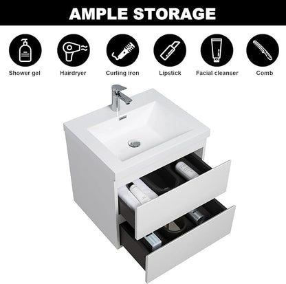 Wall Mounted 24 Inch Bathroom Vanity with Sink, Floating Vanity Bathroom, Single Sink Bathroom Vanity, 2 Drawers, Resin Integrated Sink (Glossy White)