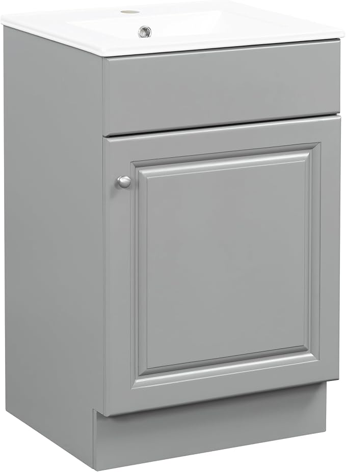 Christopher Knight Home Vanes Wood Frame 20" Bathroom Vanity with Ceramic Sink, Cabinet with Soft-Closing Door Shelf and Adjustable Shelf, Open Back, Metal Hardware, Storage/Organizer, Gray
