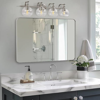 Wall Mirror Brushed Nickel for Bathroom, 24x36x1 Rounded Rectangle Mirror with Stainless Steel Silver Metal Frame, Modern Bathroom Vanity Mirror