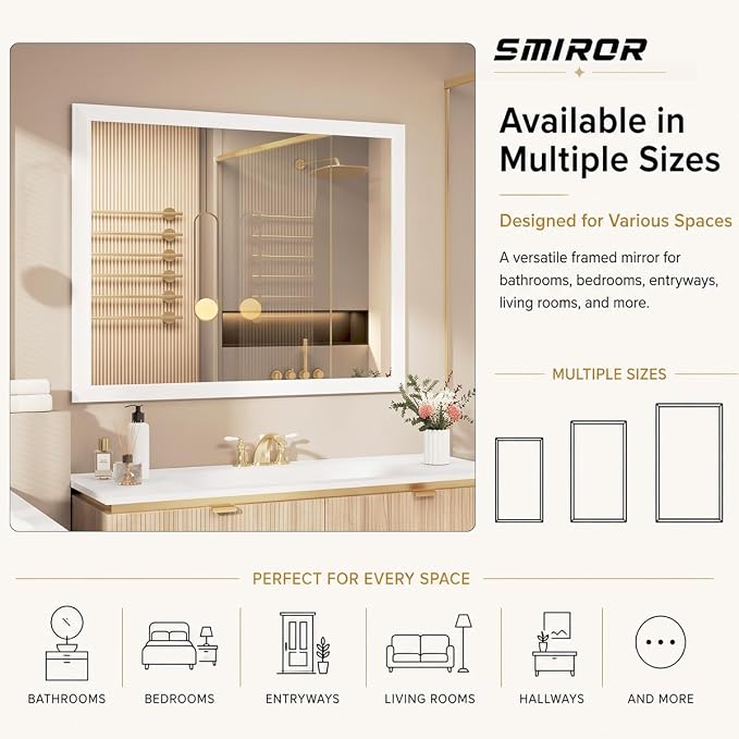 SMIROR 40x36 Matte White Bathroom Vanity Mirror for Over Sink | Metal Wide Frame, Rectangle, Right- Angle Corner, Anti-Rust, Horizontally or Vertically Wall- Mounted for Home Remodel