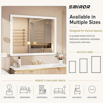 SMIROR 48x40 Matte White Bathroom Vanity Mirror for Over Sink | Metal Wide Frame, Rectangle, Right- Angle Corner, Anti-Rust, Horizontally or Vertically Wall- Mounted for Home Remodel