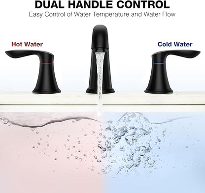 Bathroom Faucet, 8 Inch Bathroom Faucets for Sink 3 Hole, Widespread Brushed Nickel Bathroom Faucet with Pop up Drain and cUPC Lead-Free Hose (Matte Black)