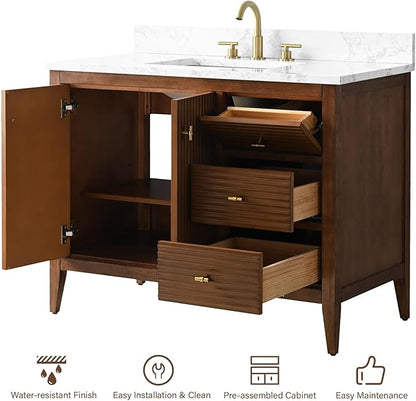 HOMEBEYOND 42" Bathroom Vanity with Sink, Solid Wood Bathroom Vanity Free-Standing Cabinet, Drawers, Ceramic Top & Soft Closing Door, Golden Brushed Handware, Walnut