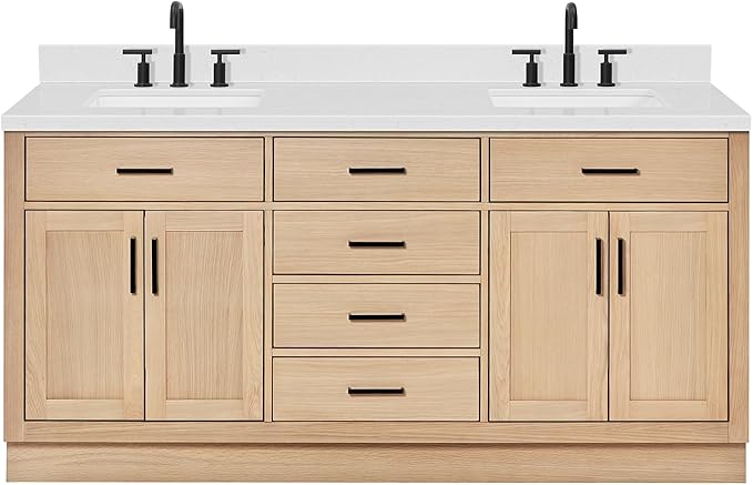 ARIEL Hepburn 72-inch Bathroom Vanity with Sink,Solid Wood, 1.5-inch Carrara White Quartz Countertop, Double Rectangular Porcelain Sink, 4 Soft Closing Doors, 6 Dovetail Drawers, White Oak