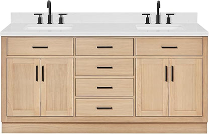 ARIEL Hepburn 72-inch Bathroom Vanity with Sink,Solid Wood, 1.5-inch Carrara White Quartz Countertop, Double Rectangular Porcelain Sink, 4 Soft Closing Doors, 6 Dovetail Drawers, White Oak